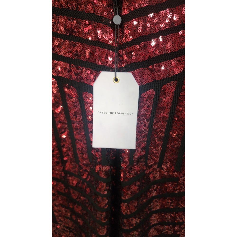 Dress The Population XL Burgundy Black Sequin Mesh Bodycon Midi Dress Long Slee… - Picture 6 of 8